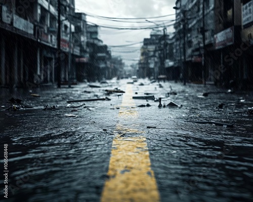 Desolate street covered in water, reflecting a cloudy, stormy sky. photo