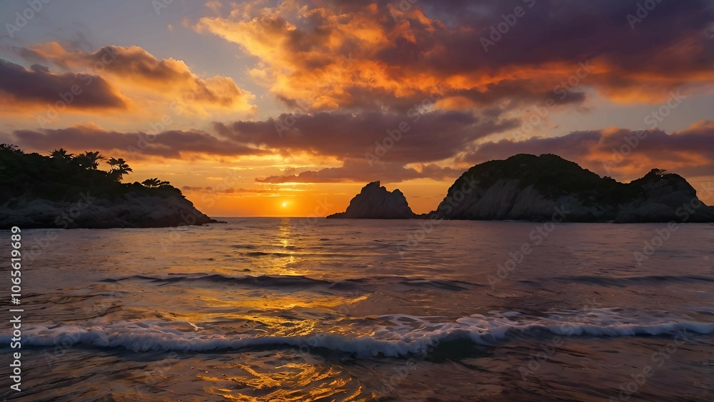 Fototapeta premium Stunning Sunset Over Rocky Seascape with Dramatic Clouds
