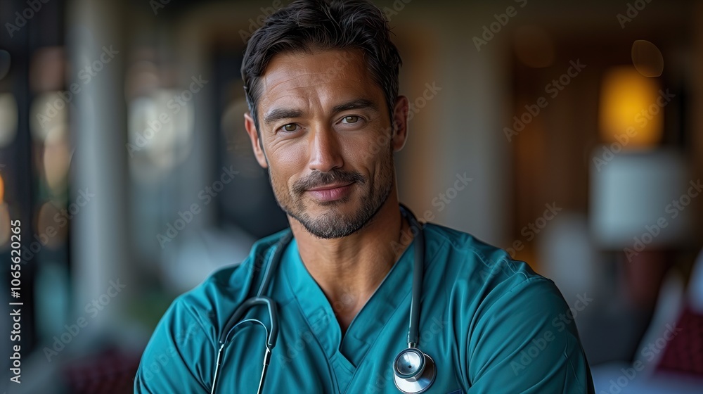 Fototapeta premium Portrait of a male doctor in scrubs, confidently wearing a stethoscope, conveying professionalism and dedication in a clinical setting, emphasizing healthcare expertise and compassion.