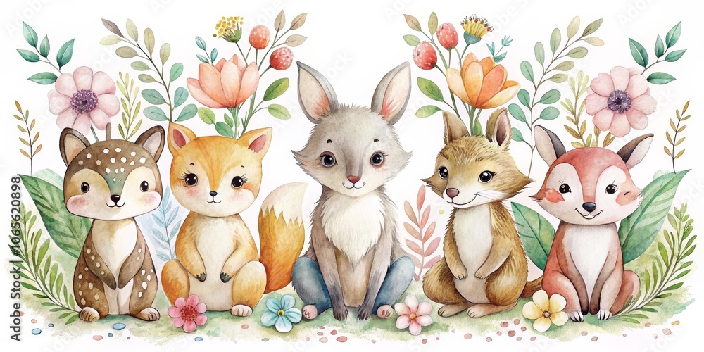 Obraz premium Watercolor Illustration of Five Adorable Forest Animals Surrounded by Flowers and Greenery