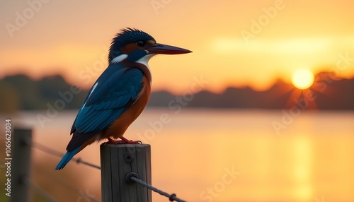 Belted Kingfisher perched on fence post looking alert with serene lakeshore background at sunset