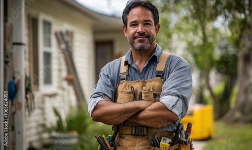 A handyman stands in front of a house with his arms crossed, smiling at the camera. photo