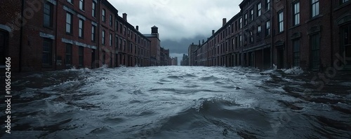 Flooded street scene with brick buildings under dark, cloudy sky. photo