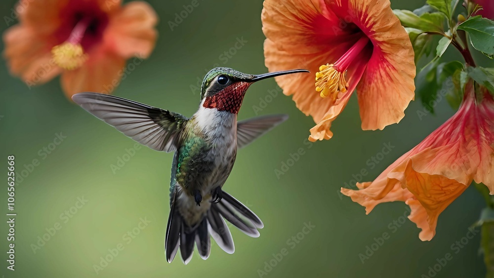 Fototapeta premium Hummingbird Hovering Near Vibrant Hibiscus Flowers