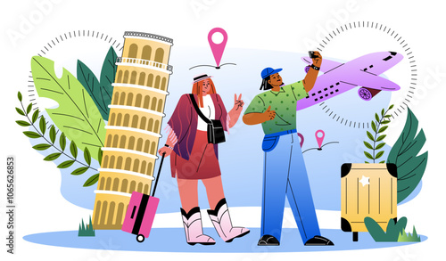 Tourist with guide. Man shows woman Italian sights. Group of tourists near Leaning Tower of Pisa. Holiday and vacation. Travel and trip. Flat vector illustration