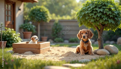 Welcoming Pet Area with Sandbox and Young Tree photo