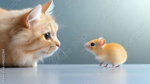 Cat playing with little gerbil mouse on thetable photo