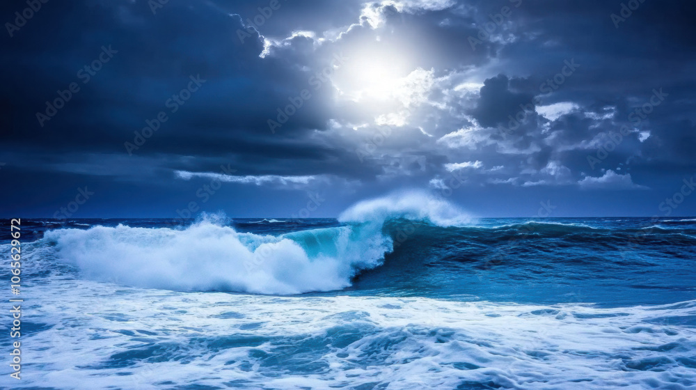 Fototapeta premium Majestic ocean waves crash under a dramatic moonlit sky, AI