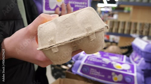 Young woman holding egg cartons and choosing one in grocery store. Fresh farm produce.