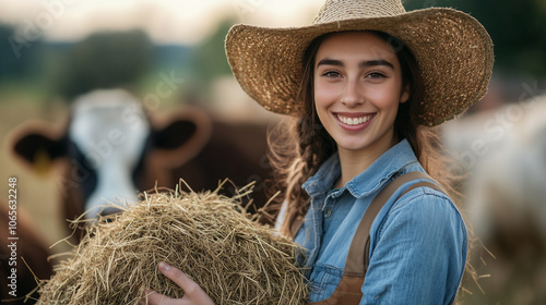 Farmerka z dumą trzyma świeże siano w rękach, gotowa nakarmić swoje zwierzęta. 
