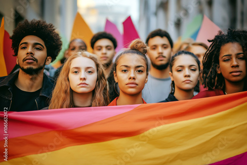 Portrait of a diverse group of young activists protesting for equality and inclusivity, holding banners with powerful messages. photo