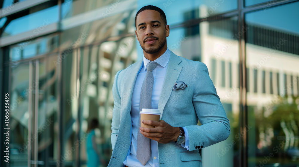 Obraz premium Stylish businessman hold a cup of coffee with showcase on background. An office worker with disposable cup of tea going to work in the morning.