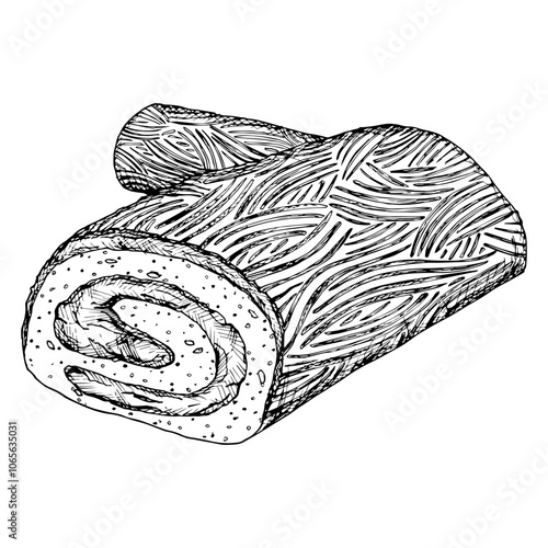 A festive yule log cake, buche de Noel, Christmas holiday meal featuring, rolled pastrie. A detailed black and white hand drawn ink vector illustration.