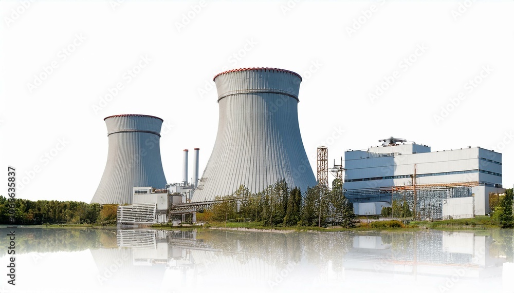 Fototapeta premium Nuclear power plant side view full length isolate on White background