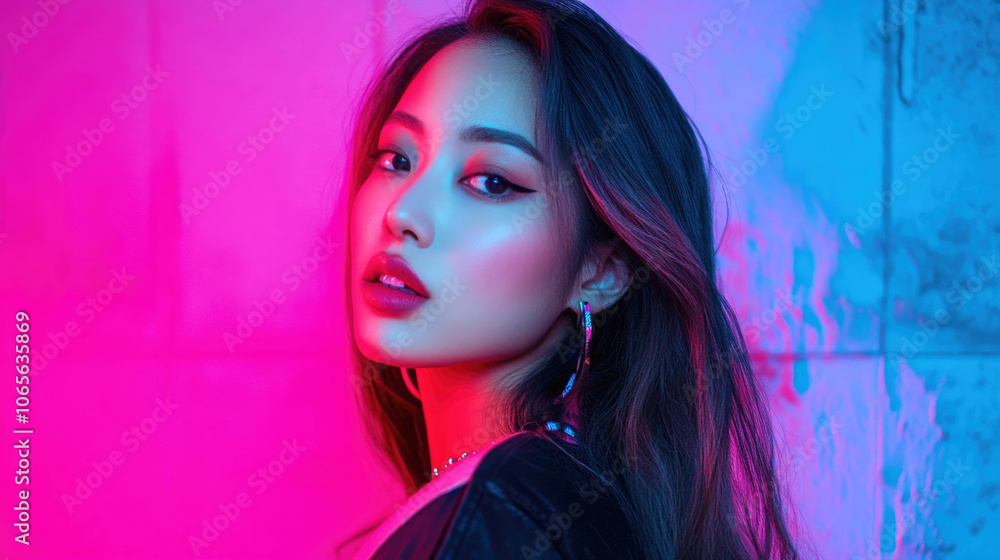 Fototapeta premium Fashion portrait of a young Asian woman under vibrant neon lights in an urban setting