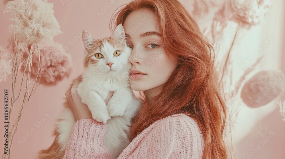 Chestnut-haired woman posing with a cat in her arms, surrounded by soft pastel decor in a minimalistic Chestnut-haired woman posing with a cat in her arms, surrounded by soft pastel decor in a minimalistic