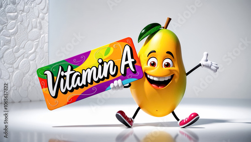 Cartoon happy character mango fruit with sign inscription vitamin A photo