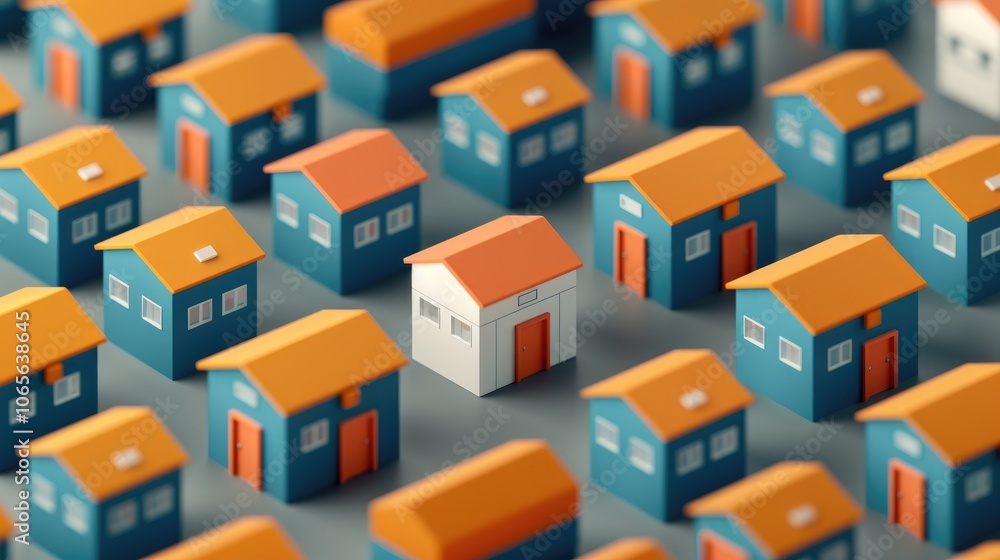 A close-up of colorful miniature houses, featuring one distinct white house, creating an eye-catching visual of a residential neighborhood. A close-up of colorful miniature houses, featuring one distinct white house, creating an eye-catching visual of a residential neighborhood.