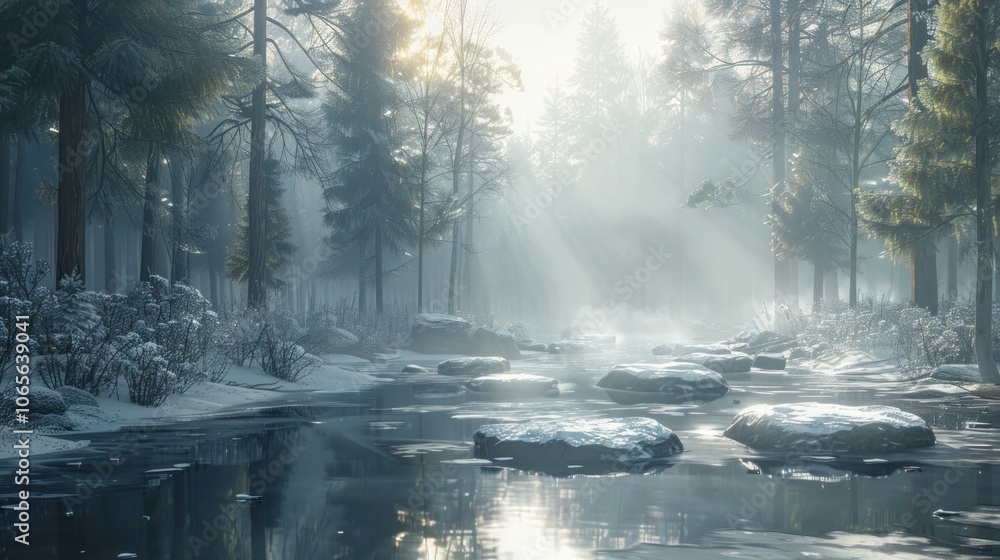Fototapeta premium Winter Forest Scene with Sunlight