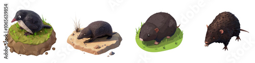 A collection of cartoon moles on distinct grassy patches, showcasing their playful and whimsical nature. photo