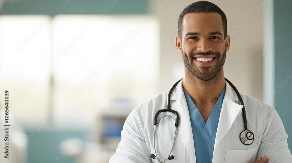 Friendly doctor with stethoscope, smiling, clean and calm clinic room Friendly doctor with stethoscope, smiling, clean and calm clinic room