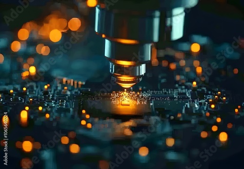 Close-up of a microscope and microchips on a dark background with bokeh lights. This is a high-resolution, no-blur photograph with sharp focus, taken using a macro lens  photo