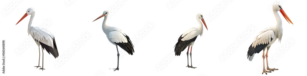 Fototapeta premium A series of storks in various poses, isolated on a white background.