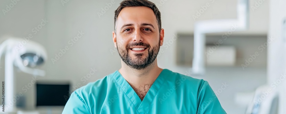 Naklejka premium Positive doctor in scrubs, focused and friendly, modern clinic room
