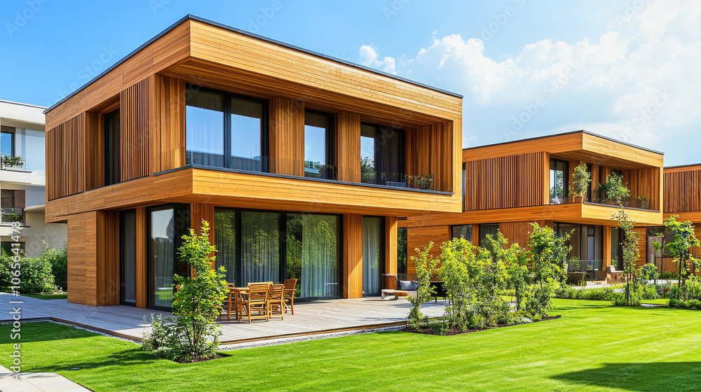 Fototapeta premium Modern wooden residential complex with greenery in an urban setting during daylight