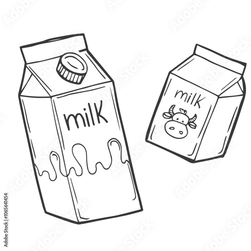 Doodle milk packages set. Carton milk and milk gallon hand drawn illustration sketch