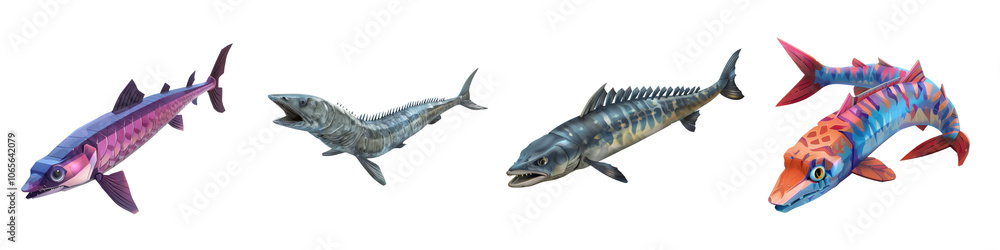 Fototapeta premium Colorful collection of four distinct shark species on a white isolated background.