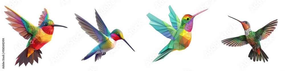 Obraz premium Colorful hummingbirds in flight against a white isolate background, showcasing their vibrant feathers and elegance.