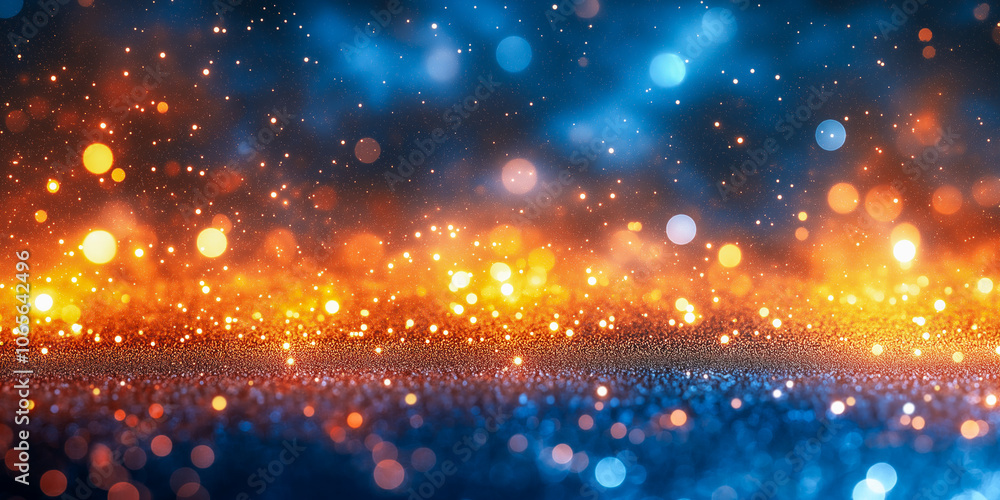 Fototapeta premium Abstract festive background with bokeh lights in shades of blue and orange, vibrant holiday backdrop with sparkling lights and a warm, magical glow. Place for text.