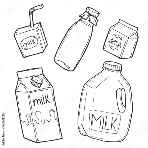 Doodle milk packages set. Carton milk and milk gallon hand drawn illustration sketch
