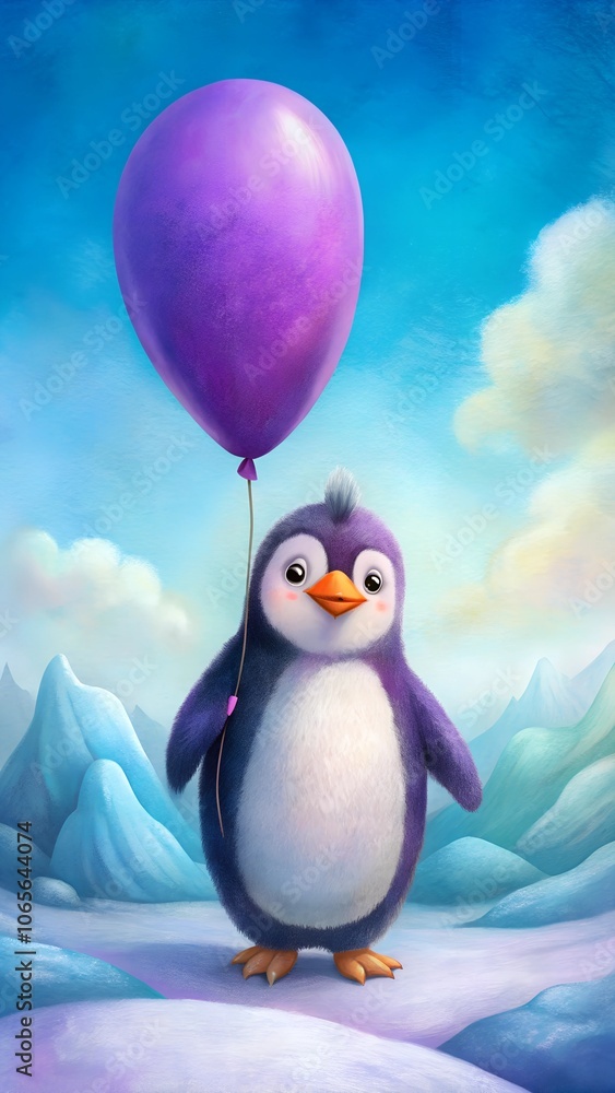 Obraz premium Penguin with purple balloon in snowy landscape