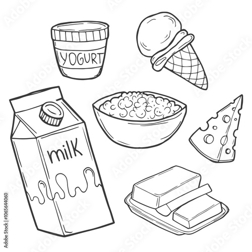 Hand drawn dairy product icons. Doodle milk sketches