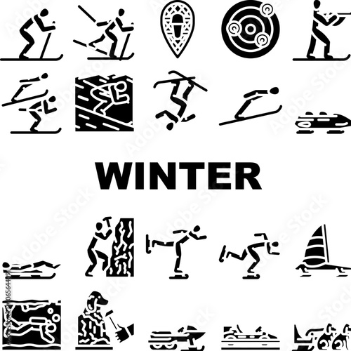 winter sport skiing snowboarding icons set vector. iceskating sledding, curling biathlon, bobsleigh luge, snowshoeing, hockey winter sport skiing snowboarding glyph pictogram Illustrations