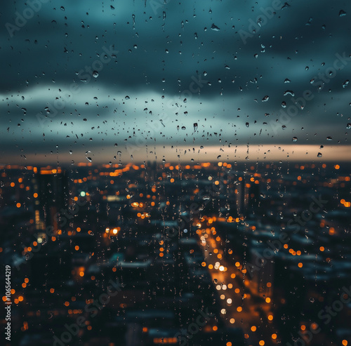 A rainy cityscape viewed through a window with water droplets, featuring glowing urban lights under a cloudy sky.