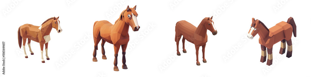 Obraz premium Four cute cartoon horses in different poses against a white isolated background.