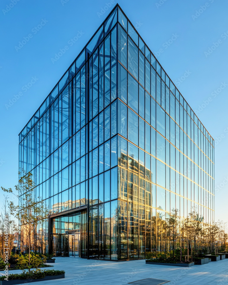Modern glass building with geometric steel frame under a clear blue sky Modern glass building with geometric steel frame under a clear blue sky