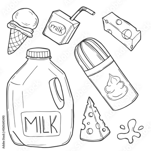 Hand drawn dairy product icons. Doodle milk sketches