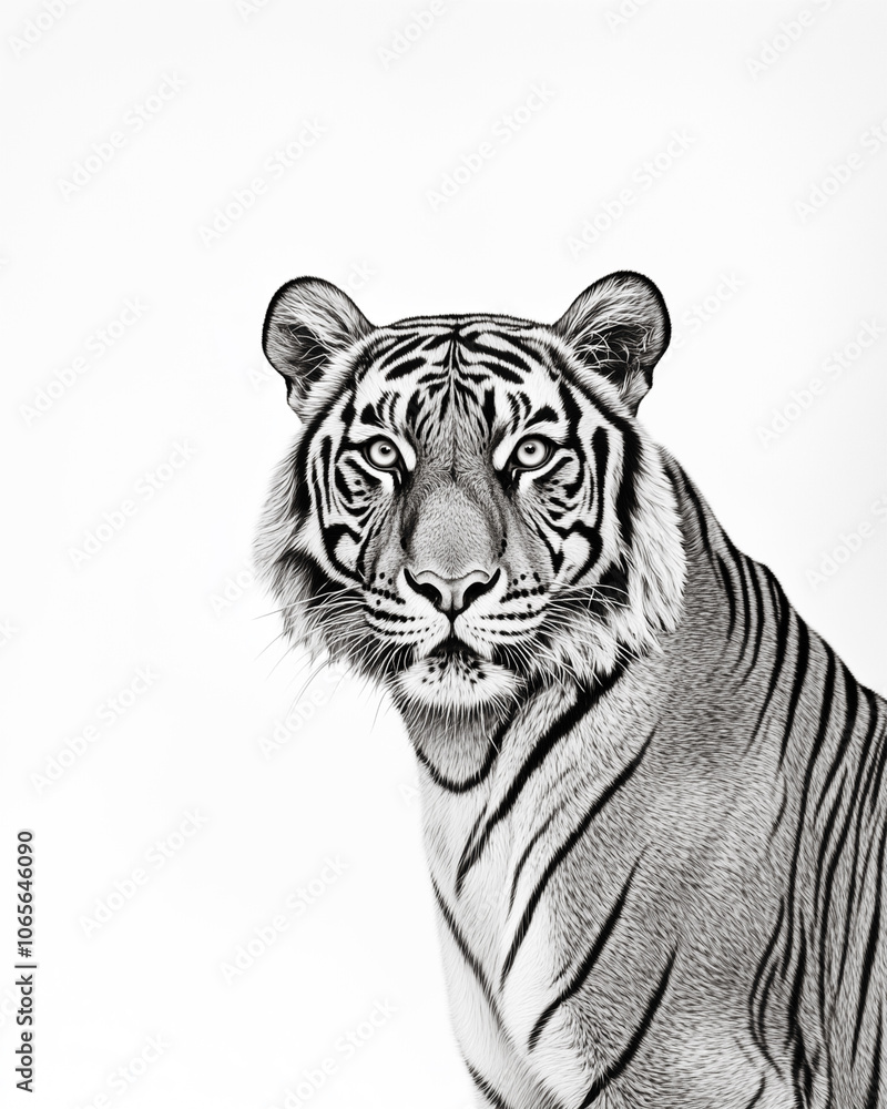 Portrait of a tiger against clean white background. Black and white image. Portrait of a tiger against clean white background. Black and white image.