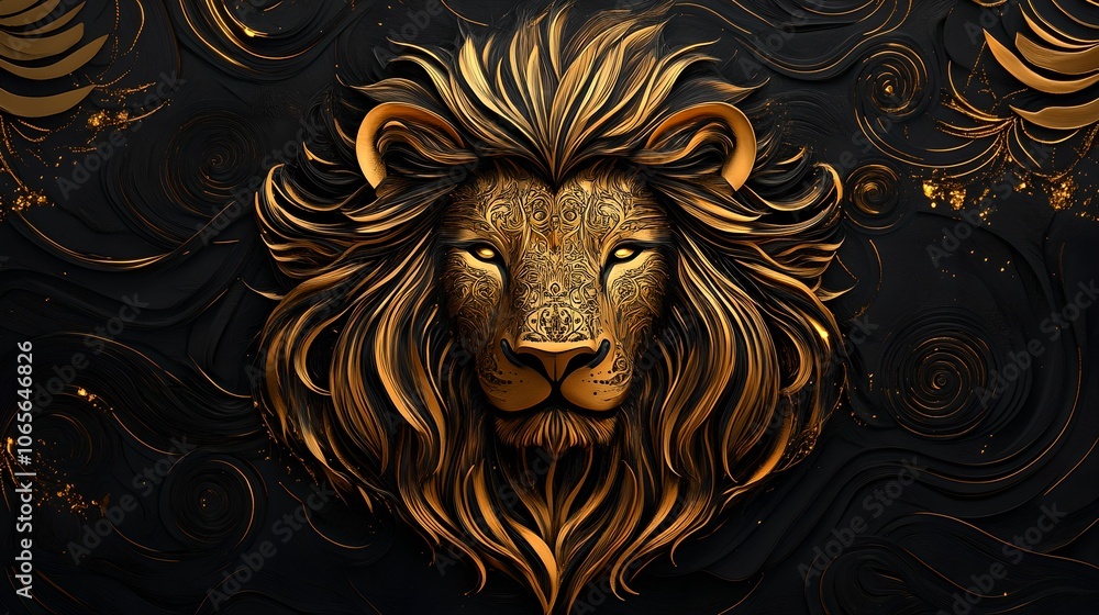 Majestic Fantasy Lion Head with Gold Detailing, detail, animal, portrait, dark Majestic Fantasy Lion Head with Gold Detailing, detail, animal, portrait, dark