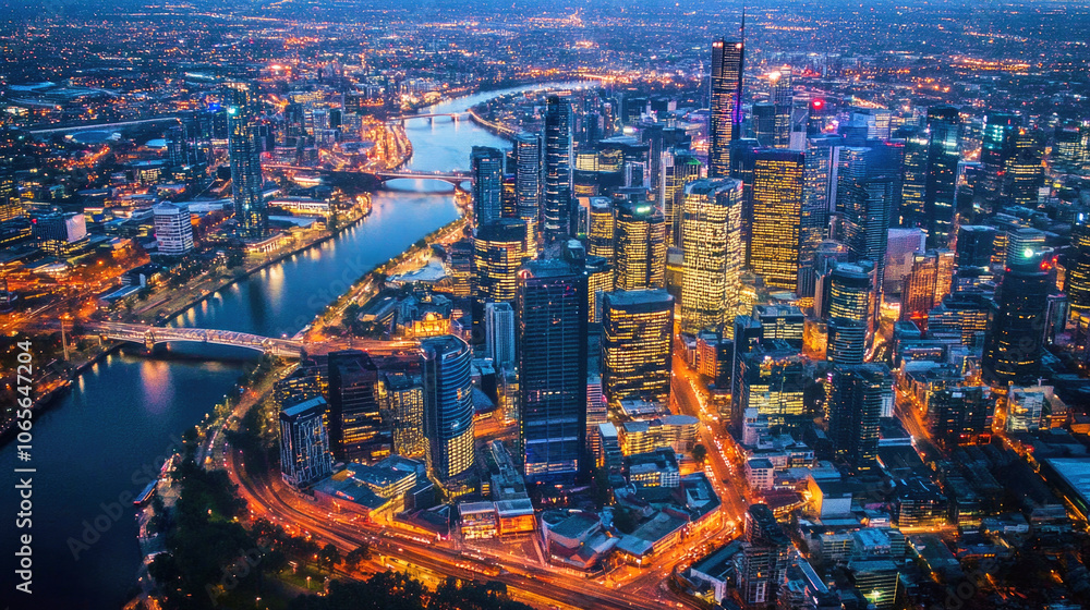 Fototapeta premium Vibrant cityscape at night featuring illuminated bridges and a winding river through the skyline
