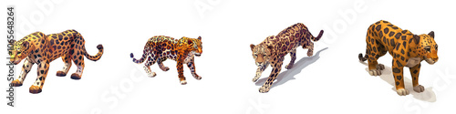 Various species of big cats depicted in a dynamic walking posture against a white isolated background. photo