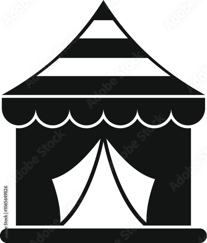 Simple, bold black and white icon of a circus tent with striped roof, suggesting entertainment and spectacle