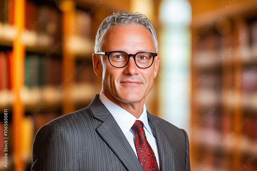 Fototapeta premium A confident man wearing glasses and a suit poses in a library with rich wooden bookshelves