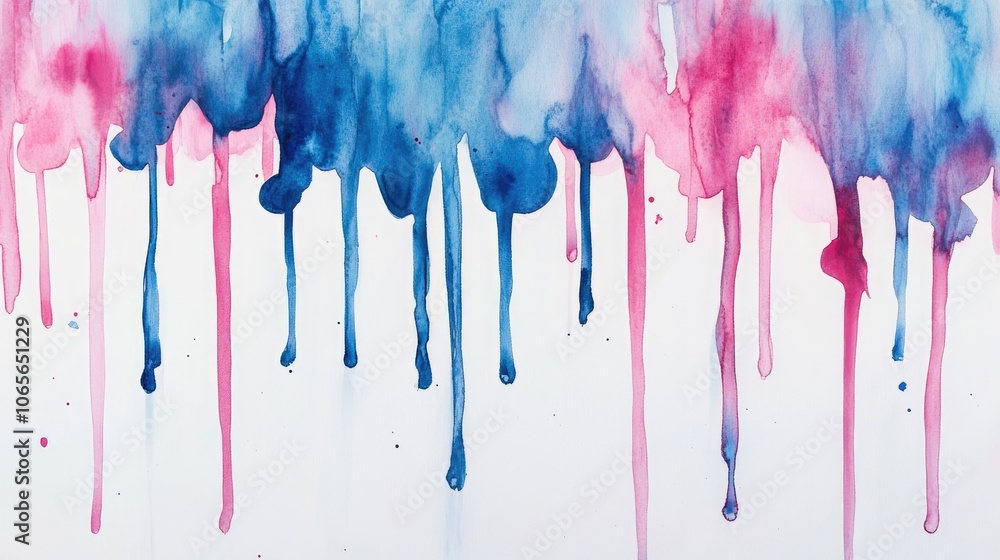 Fototapeta premium Vibrant watercolor drips in blue and pink create an abstract illustration on a light backdrop
