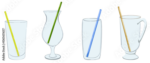 Drinking glasses with straws vector set. Empty simple cocktail glass, hurricane glass for pina colada, mulled wine glass. Hand drawn cartoon illustrations isolated on white background