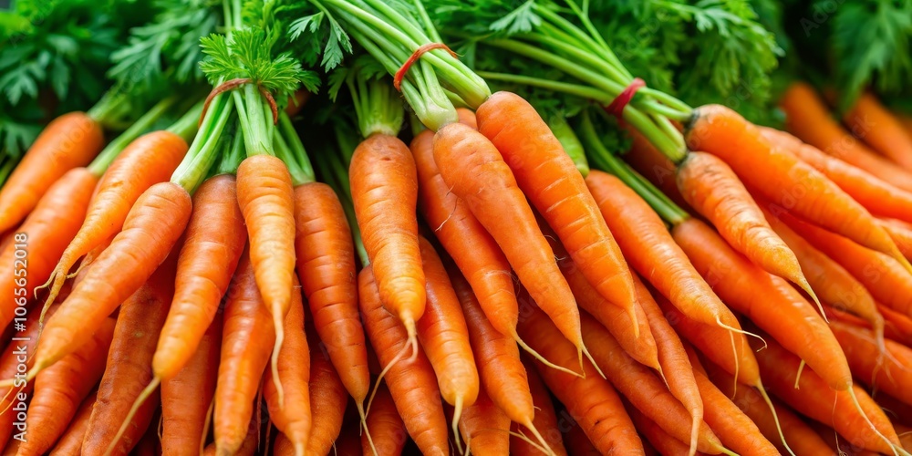 A Bundle of Fresh Baby Carrots with Green Tops, Close-Up, Macro Photography, Still Life, Vibrant Colors, Healthy Food A Bundle of Fresh Baby Carrots with Green Tops, Close-Up, Macro Photography, Still Life, Vibrant Colors, Healthy Food